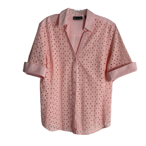🌺NEW YORK & CO Pink Eyelet Button-down Cotton Blend Blouse Size Large-- Worn 2X🌺 - Picture 1 of 5